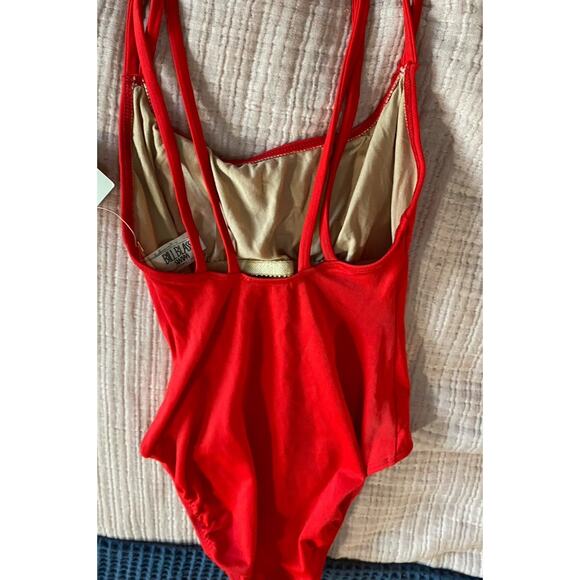 Vintage Bill Blass One Piece Red Swimsuit Women 6 Tank Solid Gold Logo High Cut - Picture 12 of 14